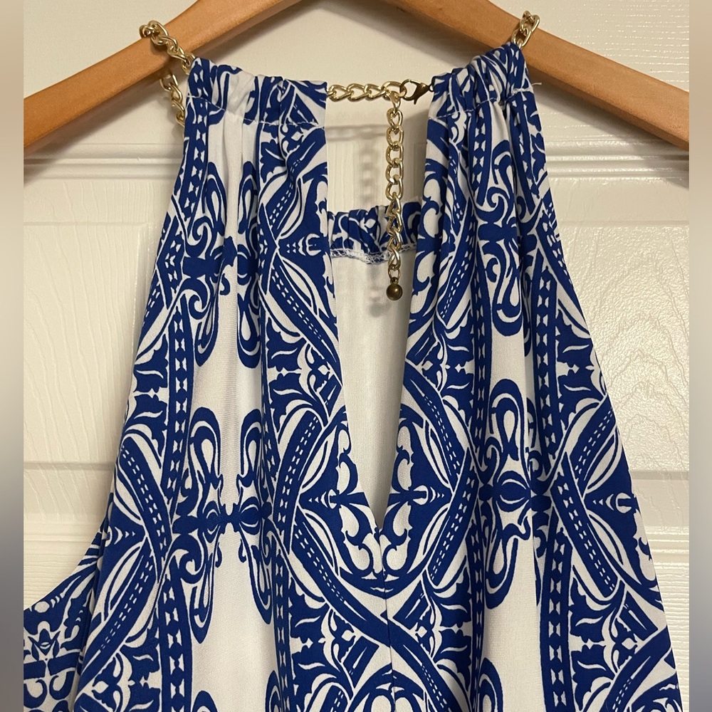 Bisou Bisou White & Blue Maxi Dress With Gold Chain Neck - Picture 7 of 7